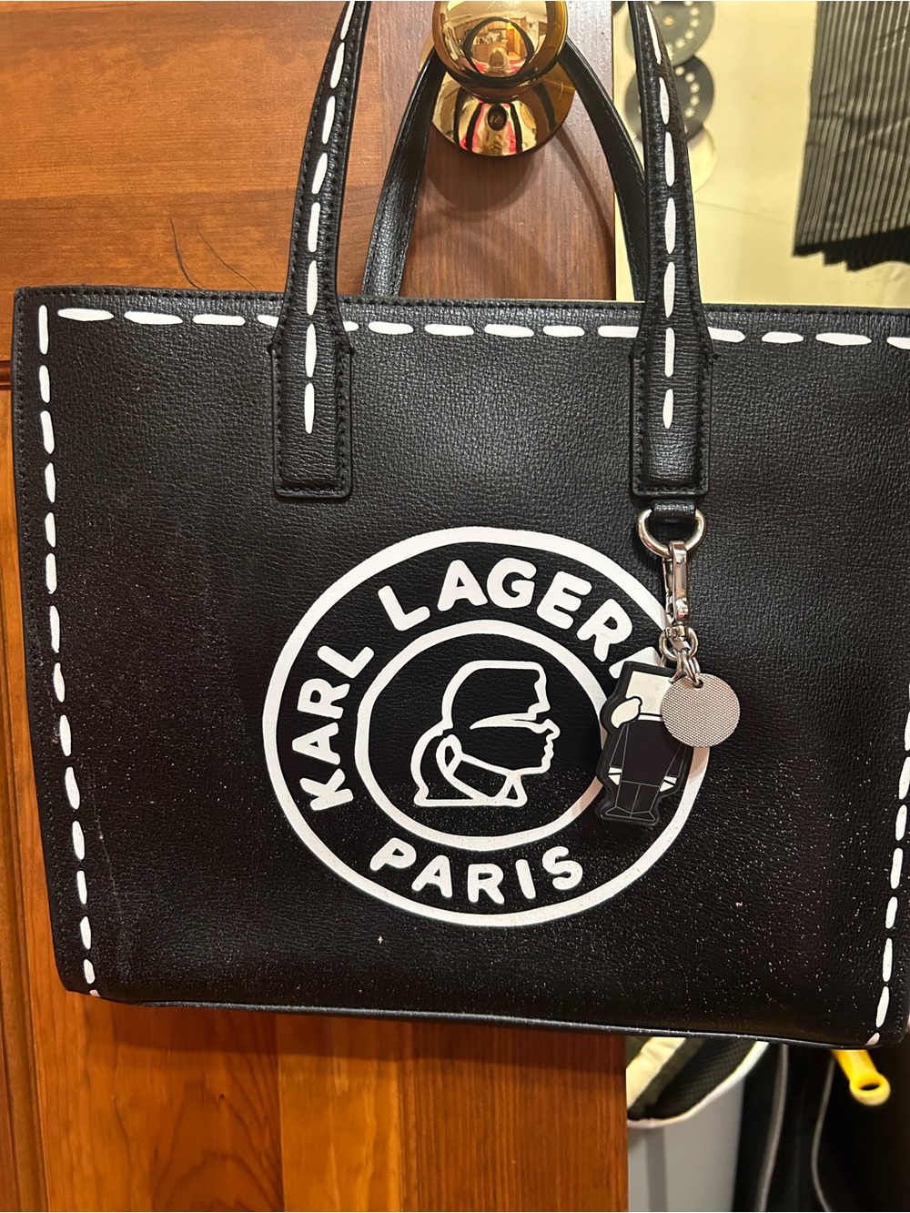 Karl Lagerfeld Black Tote with White Logo and Charm